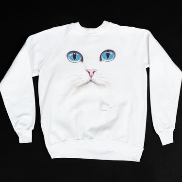 90s Cat Face Sweatshirt - Medium | Vintage White Graphic All-Over Print Animal Pullover 