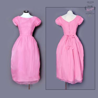 50's Pink Chiffon & Tulle Evening Party Prom Dress Gown, 1950's Vintage Formal Dress, Full Skirt, Petticoat, 1960's, Bows, Laurie Deb Pinup 