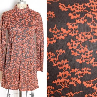 vintage 60s dress brown orange TREES print juliet puff sleeve hippie boho mini S clothing 