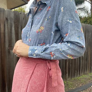 1970s chambray style floral button up ship n shore 