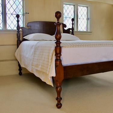 Leonards Ball &amp; Vase bed in Mahogany &amp; Maple, Original posts circa 1820, Resized to Queen with ram's ear headboard