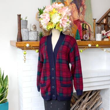 Vintage 1990s Plaid Cardigan Sweater - Red & Blue Wool Shoulder Pad Knit Sweater with Pockets - S/M 