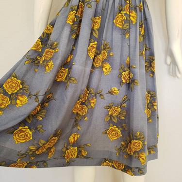 vintage dress 60s dress 1960s dress mod dress yellow rose grey dress gray dress 50s dress 1950s dress dress with roses dress with flowers 