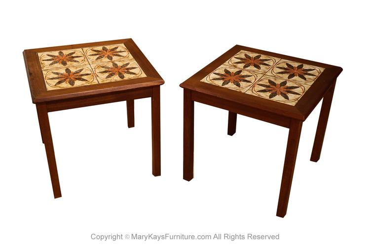 Pair Danish Modern Teak Ceramic Tile Side Tables 