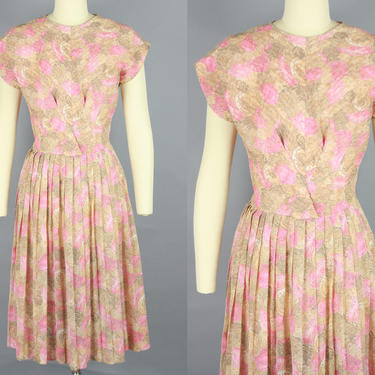 1950s COIN PRINT Dress | Vintage 50s 'R&amp;K Originals' Cotton Voile Novelty Print Pink and Light Brown Day Dress | medium 