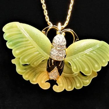 Kenneth Lane Butterfly Pendant Necklace - Faux Jade and Rhinestone Pin 