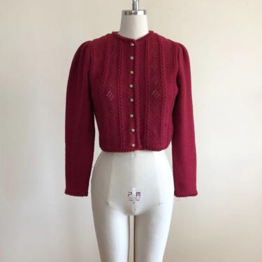 Burgundy Cropped Cardigan Sweater with Cable and Pointelle Details - 1990s 