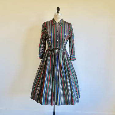 Vintage 1950's Multi Colored Stripes on Black Taffeta Dress Shirtwaist Fit and Flare Rhinestone Buttons Rockabilly Swing 30&amp;quot; Waist Medium 
