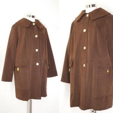 Vintage Faux Suede Coat, Large / Brown Button Front Trapeze Coat / Boho Mod Style Velveteen Tent Coat / Retro Vegan Brown Leather Overcoat 