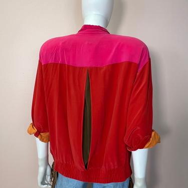 Vtg 1980s silk colorblock bomber jacket 