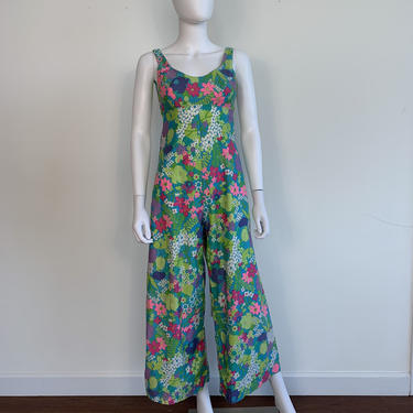 Vtg 60s mod floral wide leg palazzo jumpsuit onesie jumper XXS 