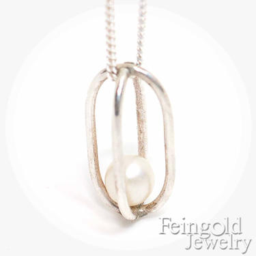 Gravity Collection: Sterling Silver Necklace with Floating Pearl - Sterling Silver 18 Inch Chain- Free US Shipping 