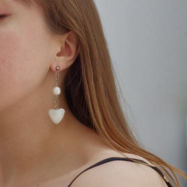 Heart Dangle Freshwater Pearl Polymer Clay Earrings 