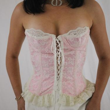 Vintage Pink + Ceam Lace Silk Tie Front Corset Bustier Top - Made In England - 34B/32C 