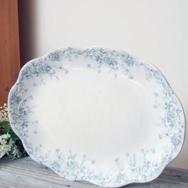 Antique blue and white transferware ironstone platter / vintage floral ironstone serving plate / English country cottage decor / brocante 