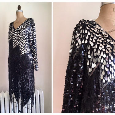 vintage 80s sequin dress, 80s party dress, sequin flapper dress, flapper costume / vintage beaded dress, black &amp; silver evening dress 