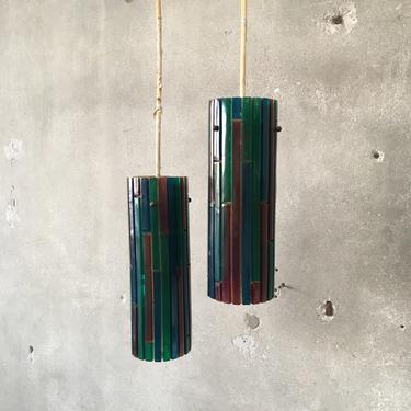 Pair of Mid Century Cylinder Blue Green Hanging Lights