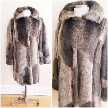 1960s Faux Fur Coat Russel Taylor / 60s Brown Gray Patchwork Themed Button Down Jacket / M / Roberta 
