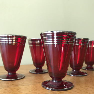 Ruby Red Glass Short Stemmed Cordial Glasses with Silver Bands 