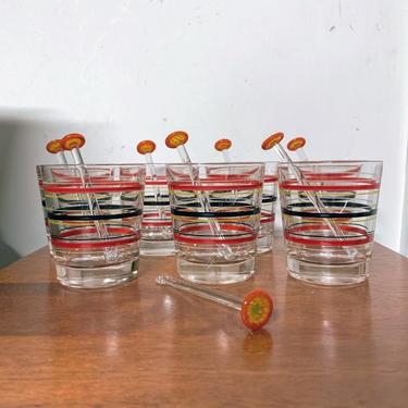 Vintage Mid Century Modern Striped Bar Glasses with Glass Swizzle Sticks 