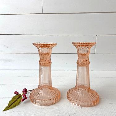 Vintage Pink Depression Glass Candlestick Holders // Boho, Chic, Romantic Dinner Candlestick Holders // Perfect Gift 