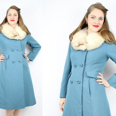 Vintage 60's 70's Periwinkle Blue Coat with Fox Fur Collar / 1970's Fur Jacket / Peacoat / Trench Coat / Dress / Women's Size Medium by Ru