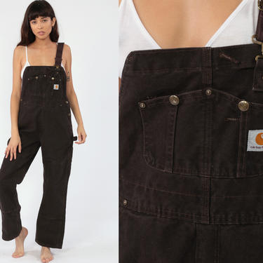 90s Carhartt Overalls Women's 4 DISTRESSED Baggy Pants Streetwear Cargo Dungarees Brown Coveralls Workwear Wide Leg Jeans Work Vintage Small 