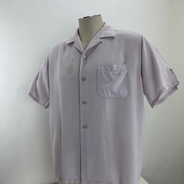 1950's Rayon Shirt - PENNY'S TOWNCRAFT - Soft Lilac Color - Embroidered Crown Crest  - Loop Collar - Men's Size Large 