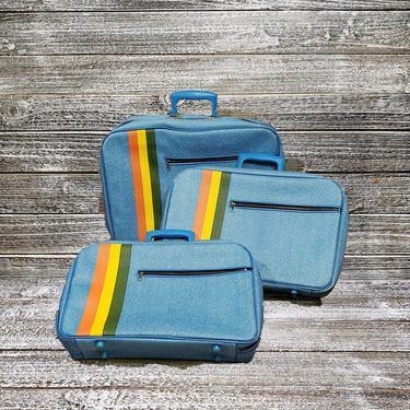 Vintage Striped Suitcase Set, 1960s 1970s Groovy Vinyl Luggage, Vintage Blue Weekend Suitcase, Vacation Overnight Bags Retro Vintage Luggage 