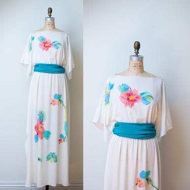 1970s Hand Painted Dress / 70s Floral Print Sheer Maxi Dress Dan Lee Couture 