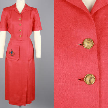 1940s Red Linen Shirtwaist Dress with Crest Pocket | Vintage 40s Short Sleeved Day Dress | small/medium 