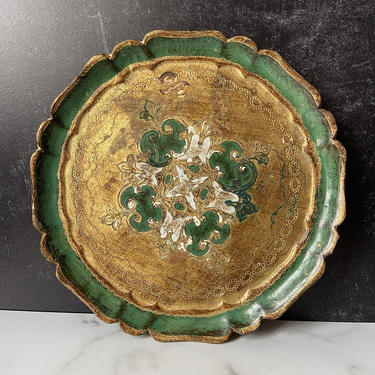 Vintage Florentine Tray - green and gold wood decorative tray 