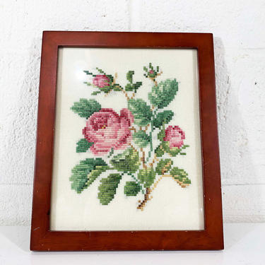 True Vintage Rose Embroidery Needlepoint Floral Framed 1970s Kitsch Retro Decor Wall Hanging Kitschy Pink Flowers Flower Handmade Framed 