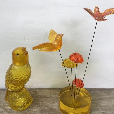 Vintage 70's Lucite Yellow Birds Kinetic Sculpture By Design Gifts International, Yellow Orange Bird Accent 