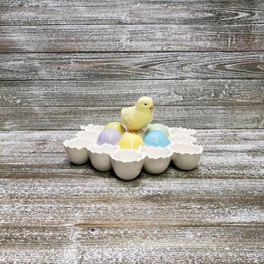 Three Color Stoneware Egg Holder Set Blue Yellow White