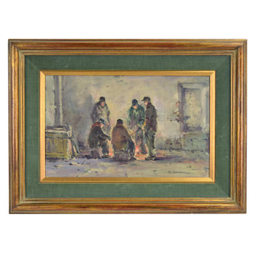 Circa 1950’s Impressionist Oil Painting Men in Alley Keeping Warm Around Fire 