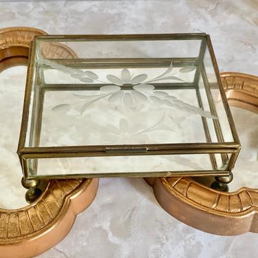 Glass and Brass Trinket Box, Etched Design, Table Top Display, Jewelry Box, Vintage 
