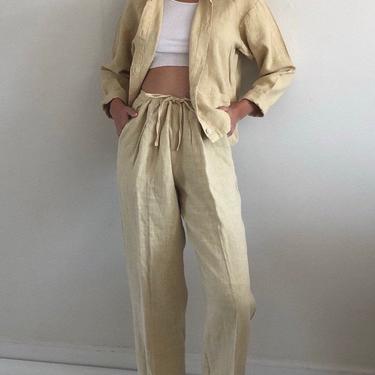 90s linen pant suit / vintage oatmeal woven linen relaxed high waisted matching set pant suit | M 