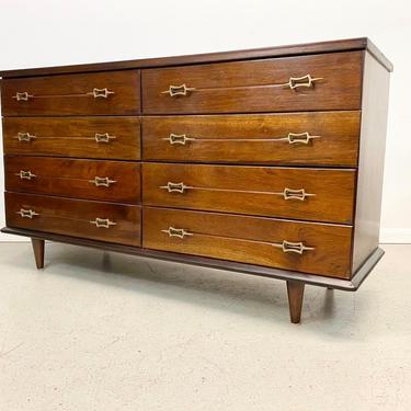 mid century modern 50s cherry 8 drawer low dresser with brass pulls 