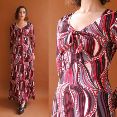 Vintage 70s Psychedelic Maxi Dress/ 1970s Long Sleeve Red Black White Tie Front Dress/ Size XS 