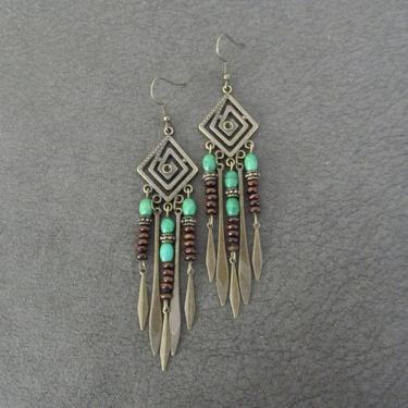 Chandelier earrings, tribal antique brass, boho chic earrings, ethnic earrings, southwestern earrings, long bohemian earrings green 