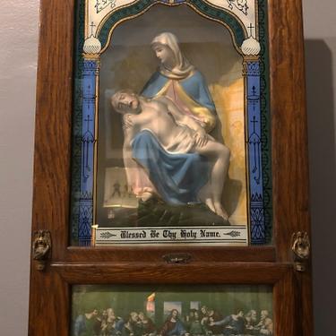 Circa 1920s Oak Frame Last Rites Wall Cabinet with Christ Being Held By MaryStatue