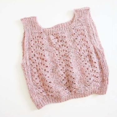 Vintage Pastel Lavender Pink Knit Vest Shirt L - Open Knit Square Neck Shirt - 80s Clothing - Pointelle - Oversized Knit Top 