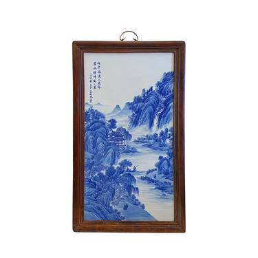 Chinese Wood Frame Porcelain Blue White Mountain Scenery Wall Plaque Panel ws1956E 