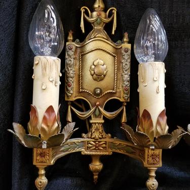 Antique Polychrome 2 Arm Candle Sconce Pair