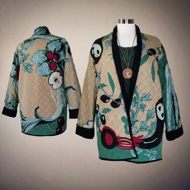 Vintage 80s Michaele Vollbrach Quilted Jacket / Designer Oversized Silk Jacket Black Wool Lined / Wearable Art Vegetal Abstract Print Jacket 