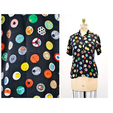 90s Vintage Silk Printed Pop Art Shirt Nicole Miller  New York CITY 90s New York City NYC Emoji Pills POlka Dots Pop Art Doughnuts Shirt 