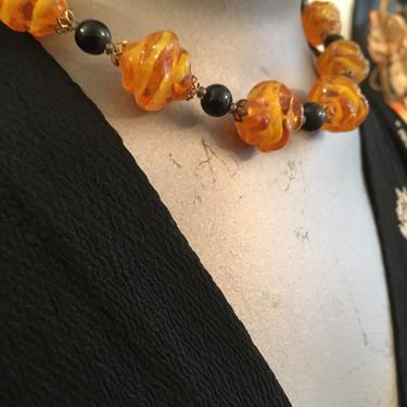 Murano glass necklace, 1940s beaded necklace, Amber glass necklace, vintage 40s necklace, yellow and black beads, blown glass beads 