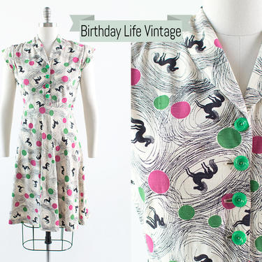 Vintage 1940s Dress | 40s Horse Novelty Print Polka Dot Shirt Dress Cream Rayon Full Skirt Shirtwaist Day Dress (small) 