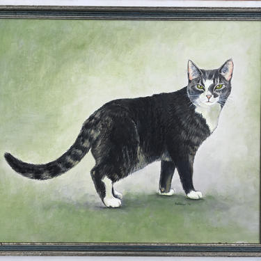 1974 Cat Painting, Black Tabby Cat With Stockings, Outlaw Cat, Pet Portrait Gallery 